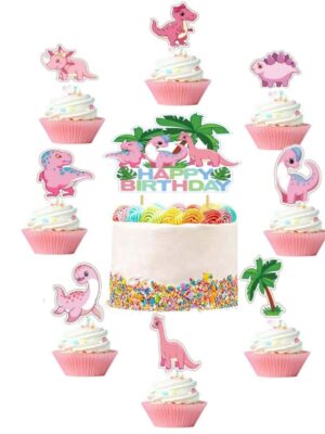 Pink Dinosaur Cake and Cupcake Topper