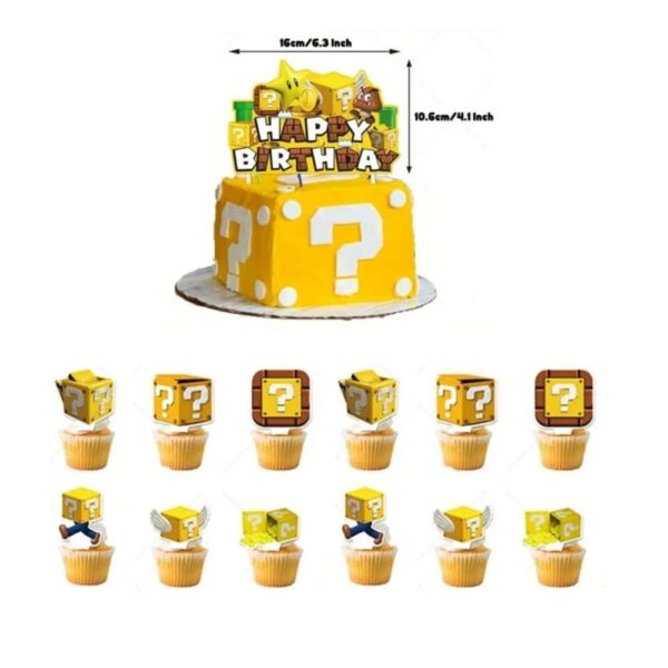 Mario Bros Question Mark Cake and Cupcake Toppers
