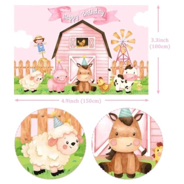 Pink Farm Animal Happy Birthday Backdrop