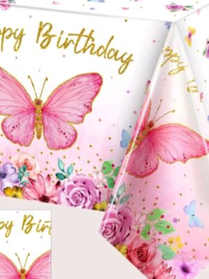 Butterfly Happy Birthday Tablecloth Pink
