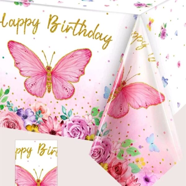 Butterfly Happy Birthday Tablecloth Pink
