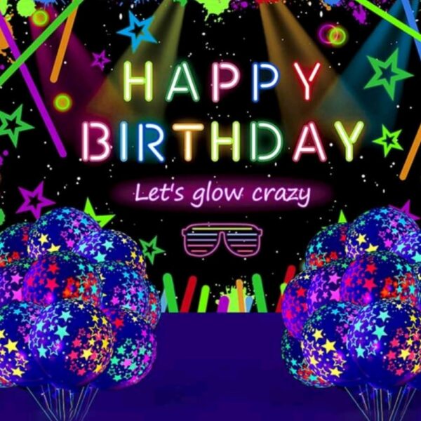 Neon Happy Birthday Backdrop and Neon Balloons