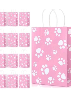Paw Print Pink Party Favor Bags With Handle