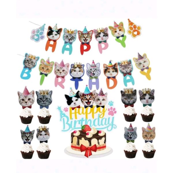 Cat Party Decoration Set Banner, Cake and Cupcake Toppers