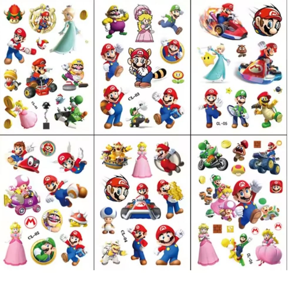 Super Mario Themed Party Favors Temporary Tattoos-6 Sheets 1 Mario Party Favors Temporary Tattoos