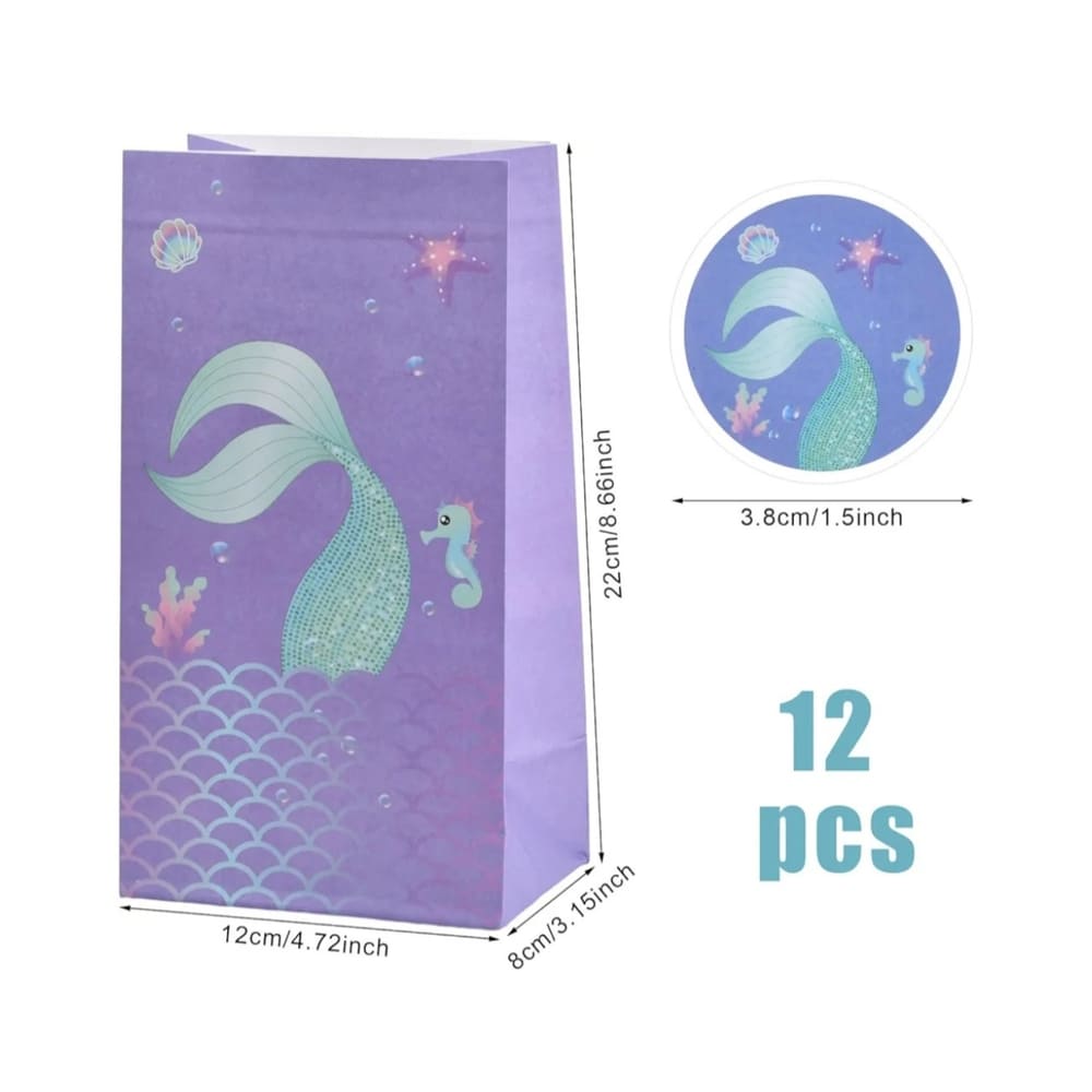 Mermaid Party Favor Bags With Stickers-12 Piece Set 2 Mermaid Party Favor Bags Dimensions