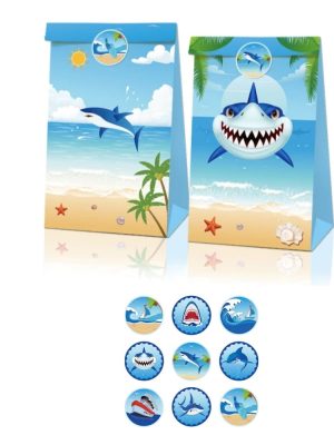 Shark Party Favor Bags With Stickers 12 Piece Set