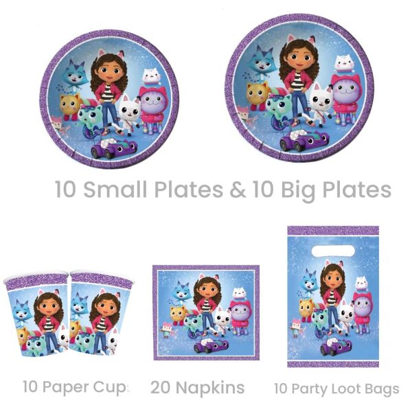 Gabby Themed Tableware Set Paper Plates, Paper Cups, Napkins, Party Favor Bags