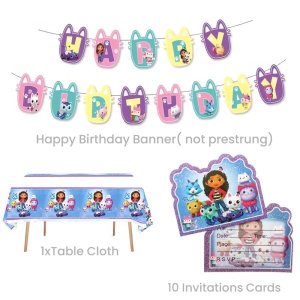 Gabby Themed Tableware Set, Tablecloth, Invite Cards, Happy Birthday Bunting