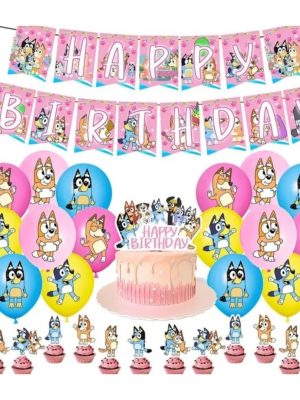 Pink Bluey Party Decoration Set 16 Latex Banner 12 Cupcake Toppers 1 Cake Topper