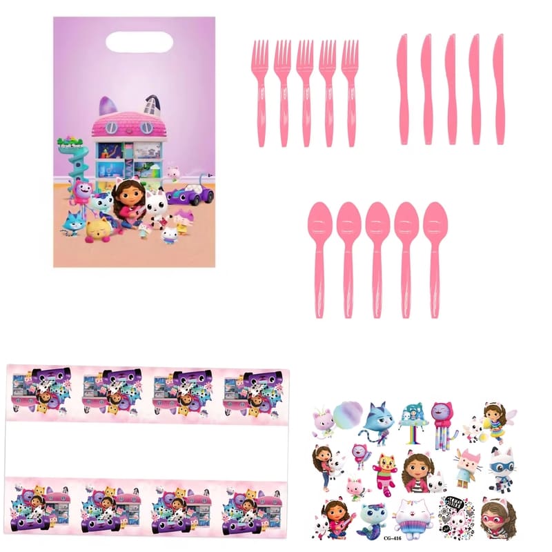 Gabby's Themed Tableware Set Design Two-Party Guests 10 2 Gabby Loot Bags Gabby Table Cloth Gabby Tattoo Sheet Pink Plastic Cuttlery