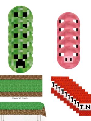 Pixel Miner Table Set 5 Large Plates 5 Small Plates 20 Napkins 1 Tablecloth