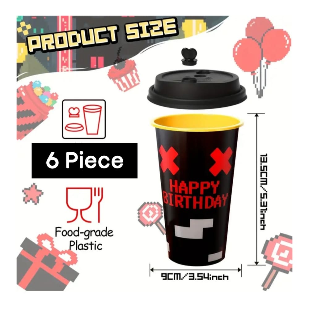 Pixel Party Favors – Plastic Reusable Cups (6 Piece, 2 Designs) 2 Pixel Party Favors Plastic Reusable Cups Dimensions