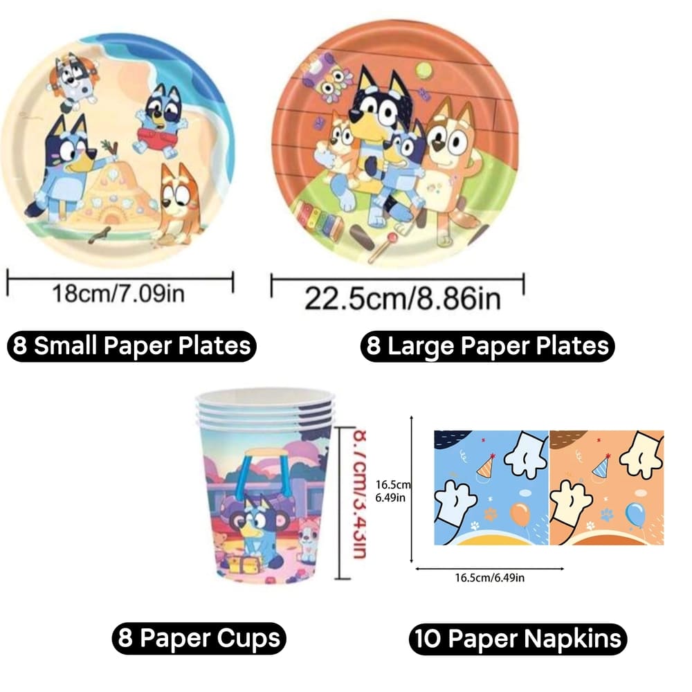 Bluey Party Themed Tableware Set – Serves 8 Guests 1 Bluey Themed Tableware Set Paper Plates Paper Napkins Paper Cups
