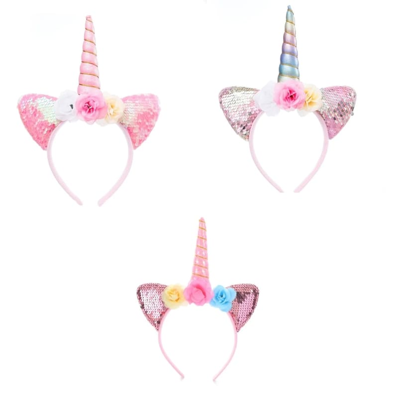 Unicorn Sequin Headbands with Floral Details – 3 Piece 1 Unicorn Sequin Headbands 3 Piece