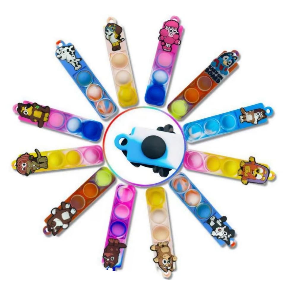 Party Favors Pop Fidget Keyrings – Bluey Themed – 12-Piece Random Designs. 1 Bluey Themed Party Favors Pop Fidget Keyrings
