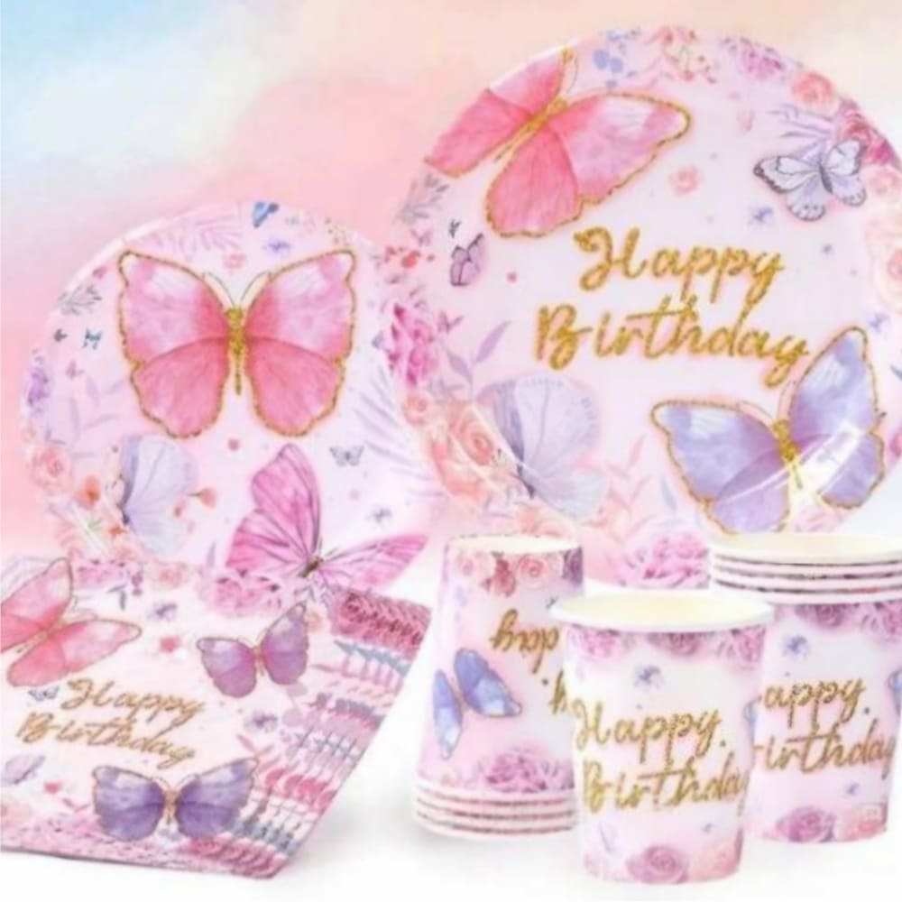 Butterfly Party Happy Birthday Tableware Set – Serves 16 Guests 1 Butterfly Party Happy Birthday Tableware Set