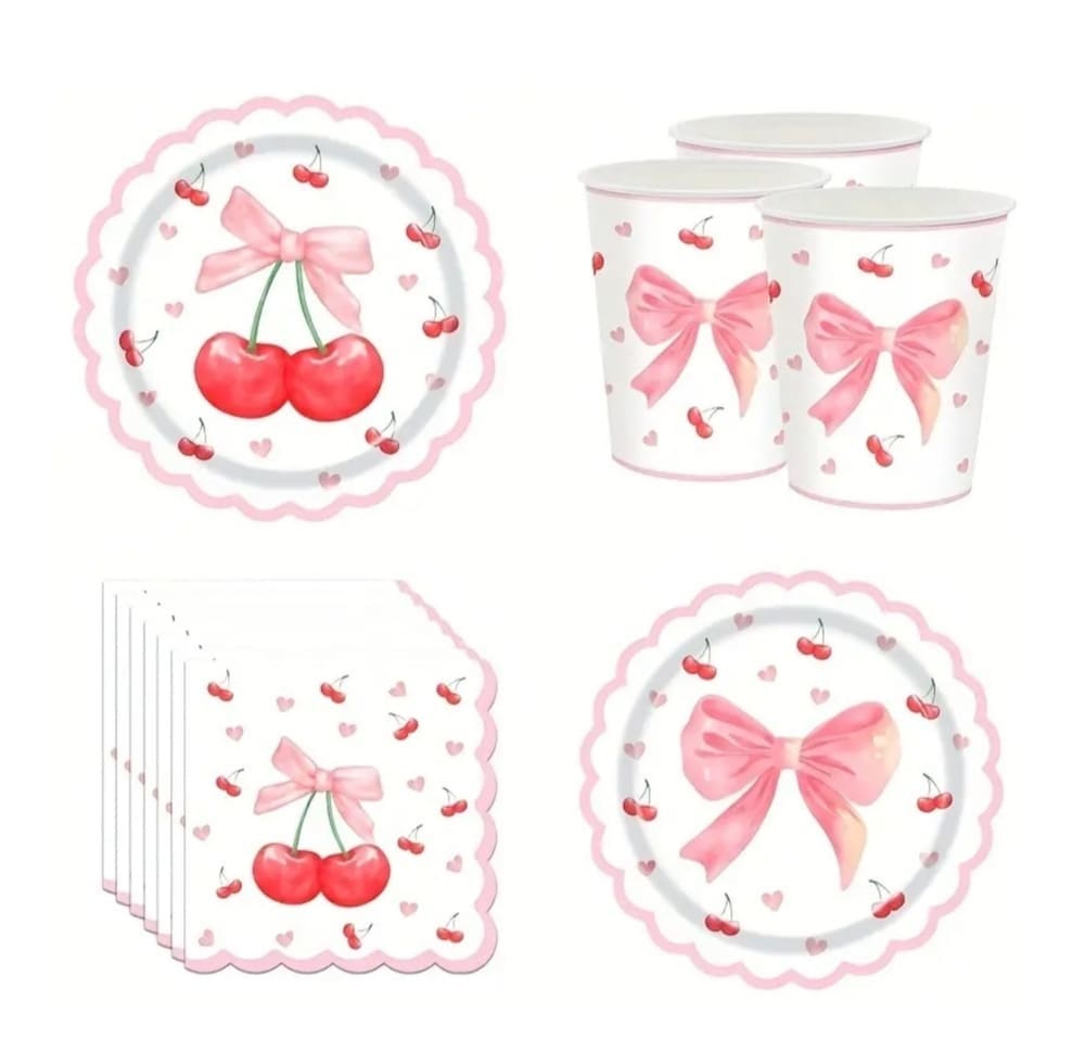 Pink Bow Cherry Tableware Set-Serves 10 Guests 1 Cherry Pink Bow Tableware Set