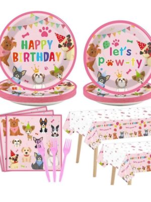 Dog Pink Disposable Table Ware Set Lets Pawty Happy Birthday