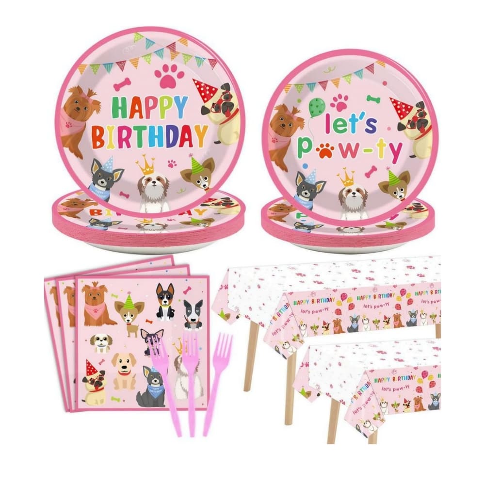 Dog Party Tableware Set – (Pink, 181-Piece, Serves 24 Guests) 1 Dog Pink Disposable Table Ware Set Lets Pawty Happy Birthday