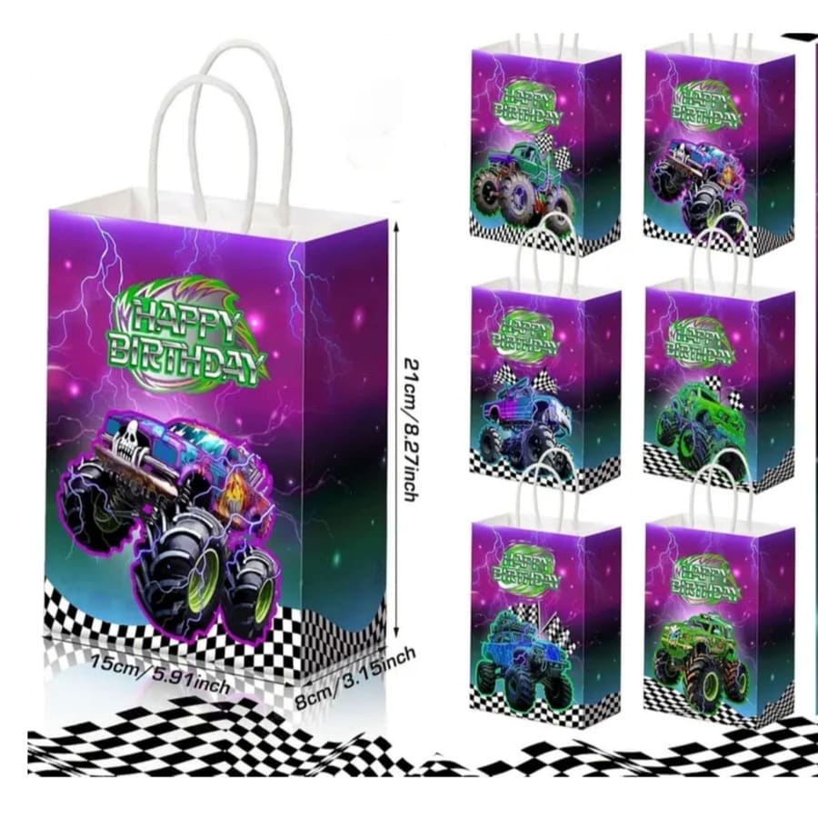 Monster Truck Party Favors – 12 Piece Gift Bags with Handles 1 Monster Truck Party Favor Bags