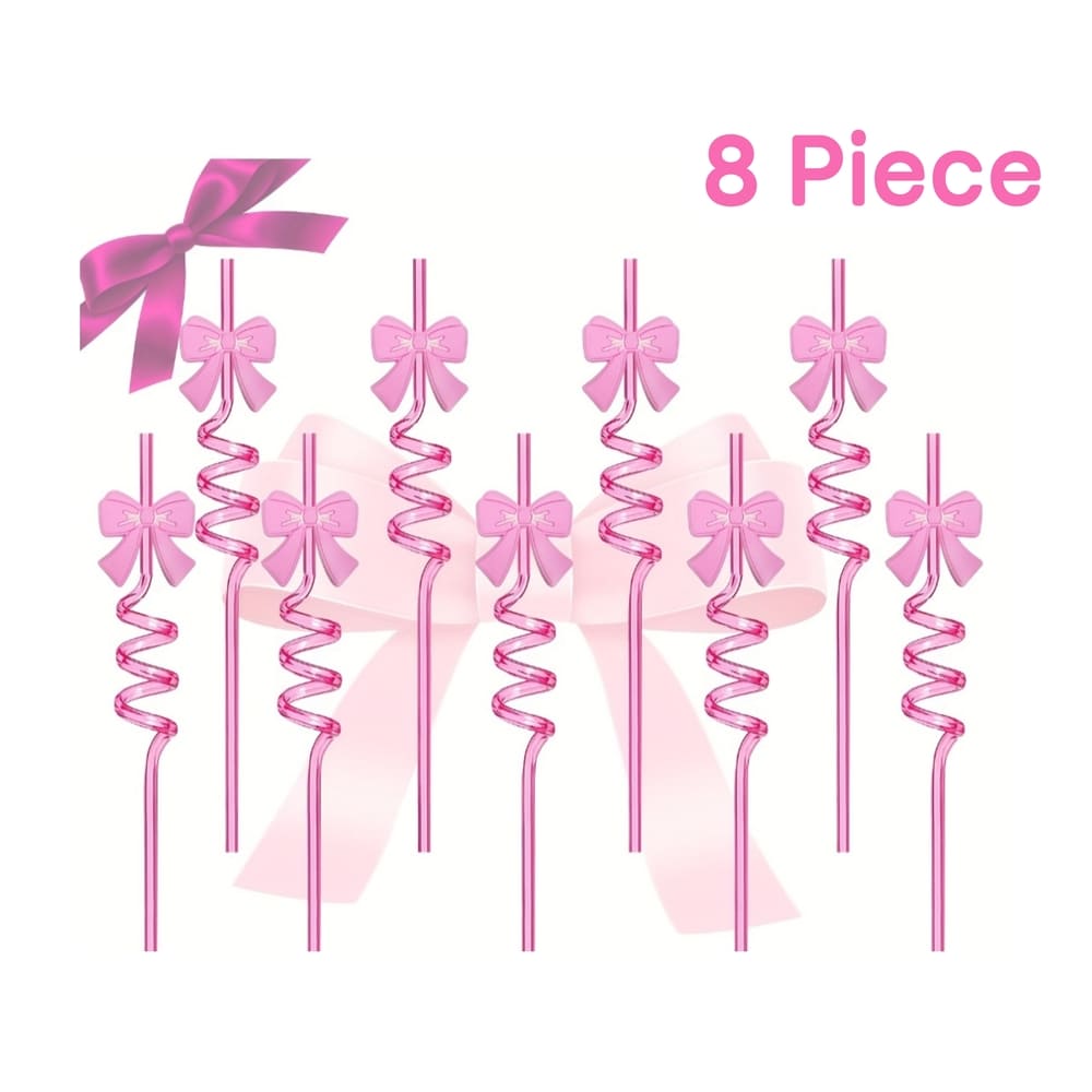 Pink Bow Party Favors Reusable Spiral Straws-8 Piece 1 Pink Bow Party Favors Plastic Straws