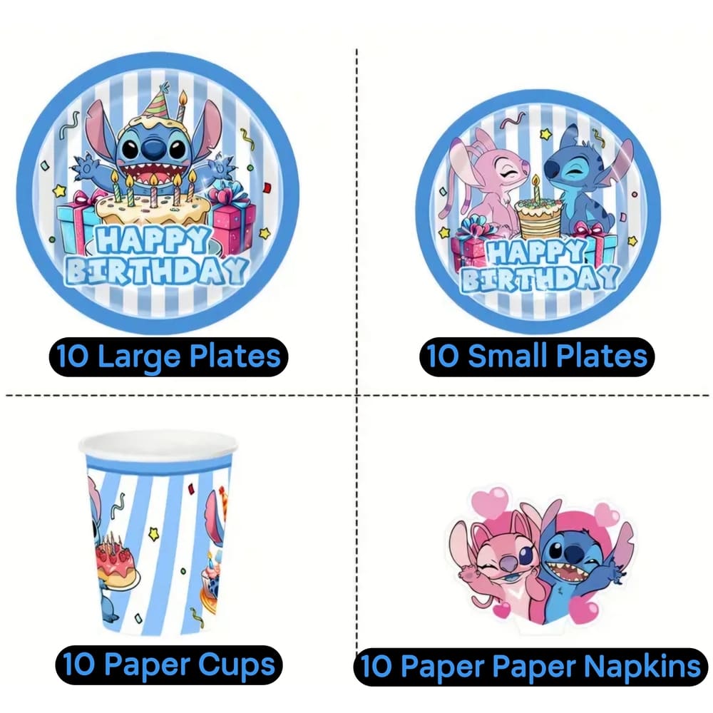Stitch Themed Birthday Party Tableware Set-40 Piece(10 Guests) 2 Stitch Party Disposable Tableware Set Dimensions