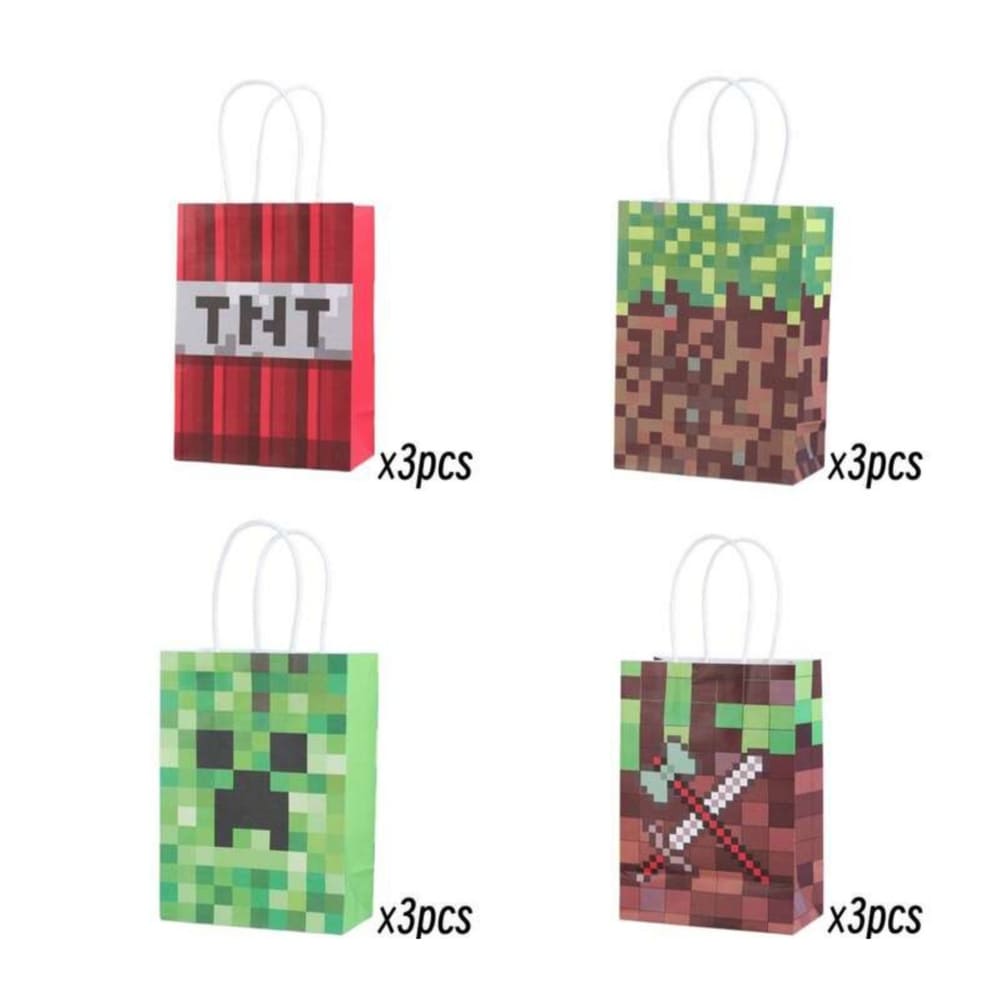 Pixel Party Favor Bags With Handle-12 Piece Set 1 Pixel Party Favor Bags With Handle Four Desigs Three Of Each Design