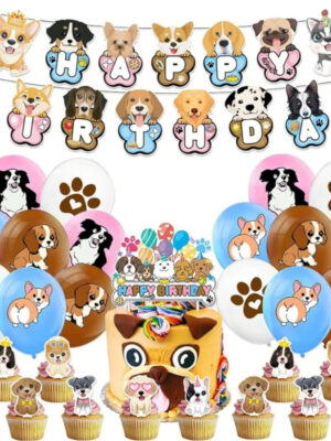 Puppy Party Decoration Kit Latex Balloons Cake And Cupcake Toppers Bunting