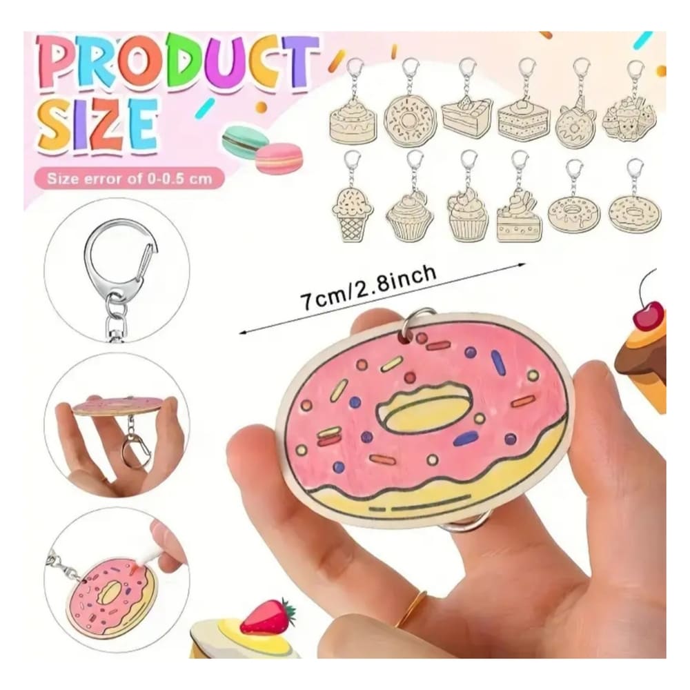 Donut And Sweet Treats Party Favors DIY Wooden Keyrings 6 Piece-Assorted Designs 2 Dimensions Wooden Keyrings