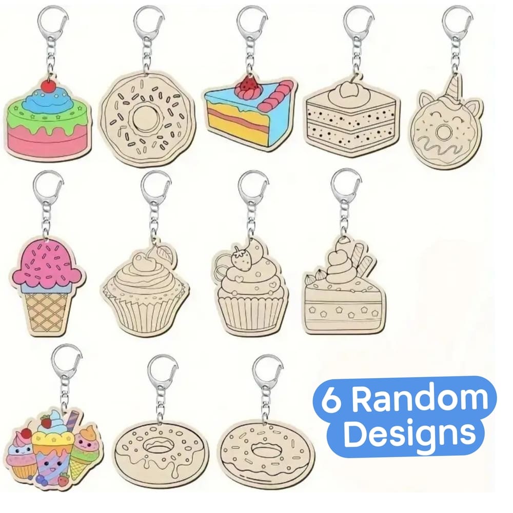 Donut And Sweet Treats Party Favors DIY Wooden Keyrings 6 Piece-Assorted Designs 1 Donut And Sweet Treats Party Favors DIY Wooden Keyrings Craft Activity