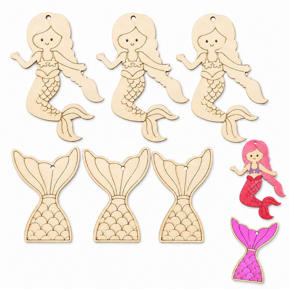 Mermaid Party Favors Wooden Craft Activity Set-6 Piece 1 Mermaid Tail And Mermaid Shape Party Favors Wooden Art Craft Activity
