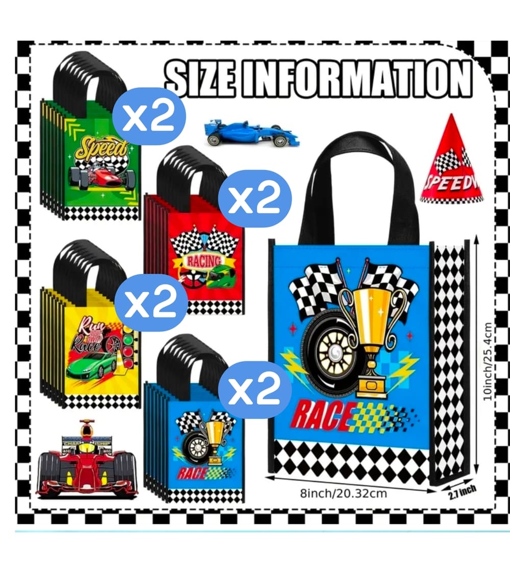 Race Car Party Favor Tote Bag Set-8 Piece Set 2 Race Car Party Favor Tote Bags
