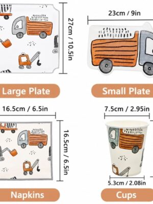 Pretty Party Shop 3 Construction Vehicles Party Tableware Set – 40 Piece – Serves 8 Guests