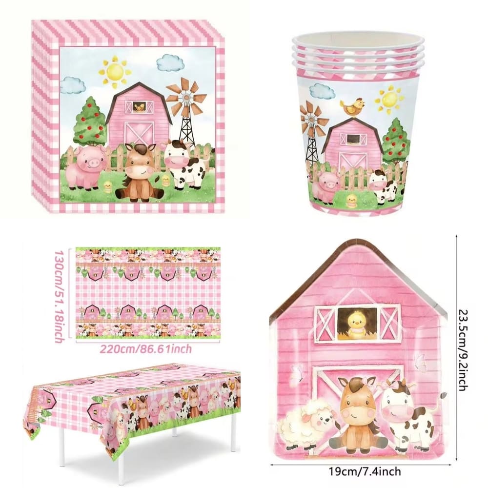 Pink Farm Animal Party Tableware Set-10 Guests 1 Farm Animal Tableware Set Pink