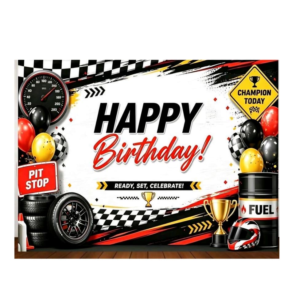 Race Car Happy Birthday Backdrop- Pit Stop Design 1 Race Car Happy Birthday Backdrop Pitstop Design