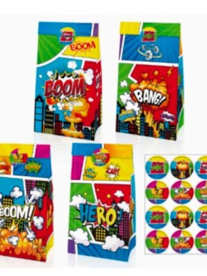 Pretty Party Shop 4 Super Hero Themed Party Favor Bags With Stickers