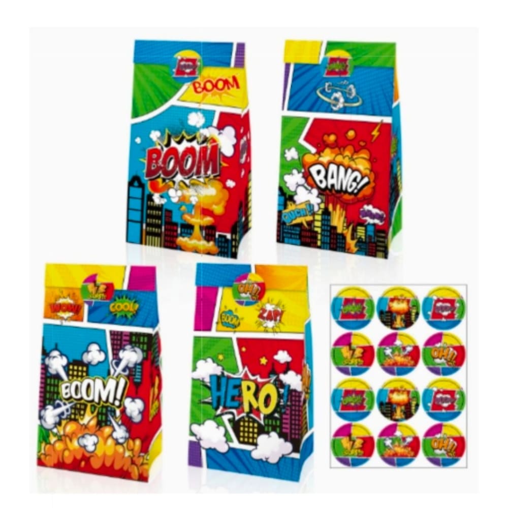 Superhero Party Favor Bags With Stickers-12 Piece Set 1 Super Hero Themed Party Favor Bags With Stickers