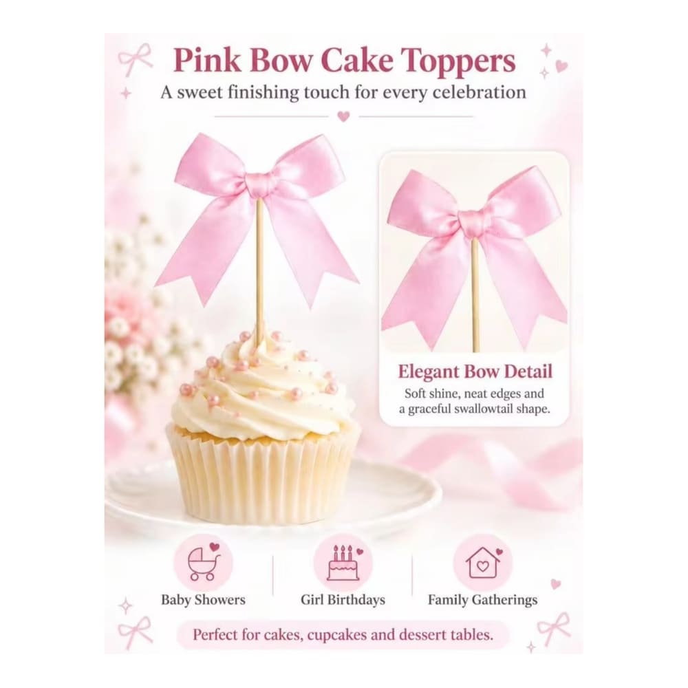 Pink Bow Cupcake Toppers-6 Piece Set 2 Bow Cupcake Toppers