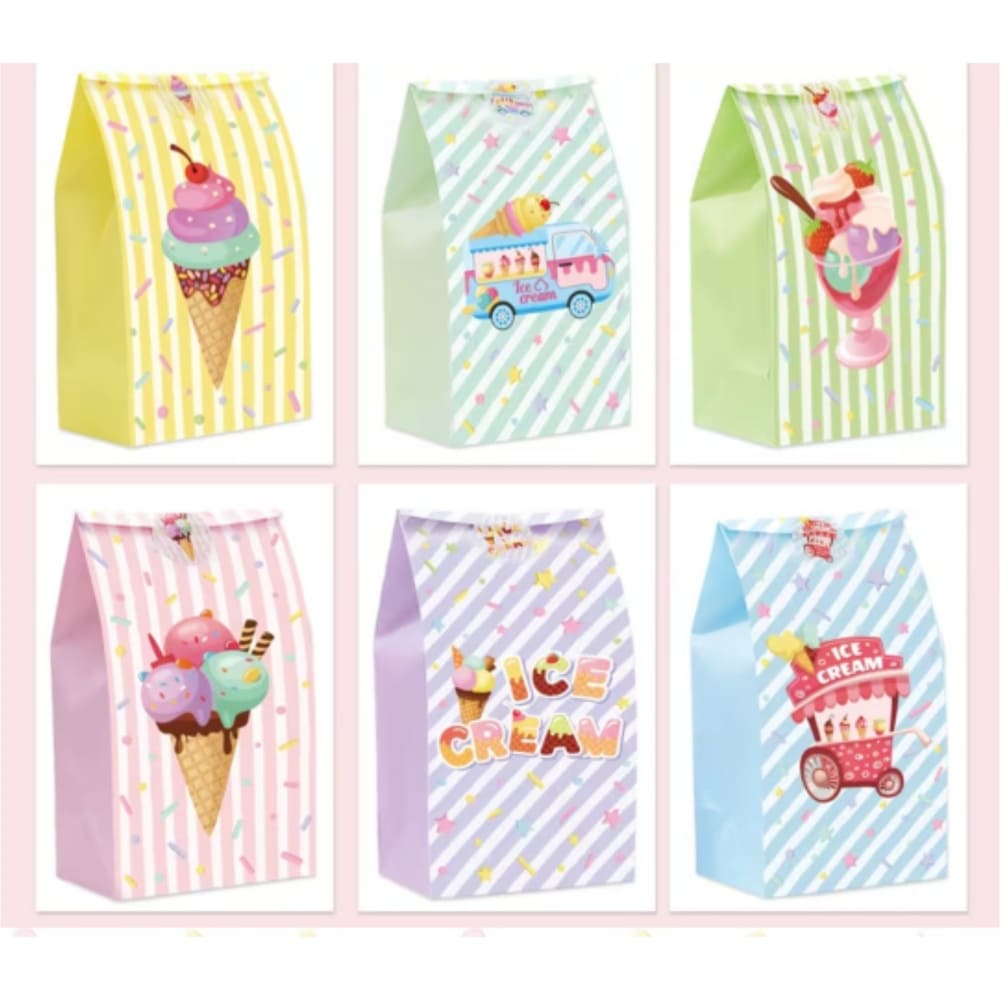 Ice Cream Party Favour Bags With Stickers-6 Piece Set 1 Ice Cream Favour Bags With Stickers
