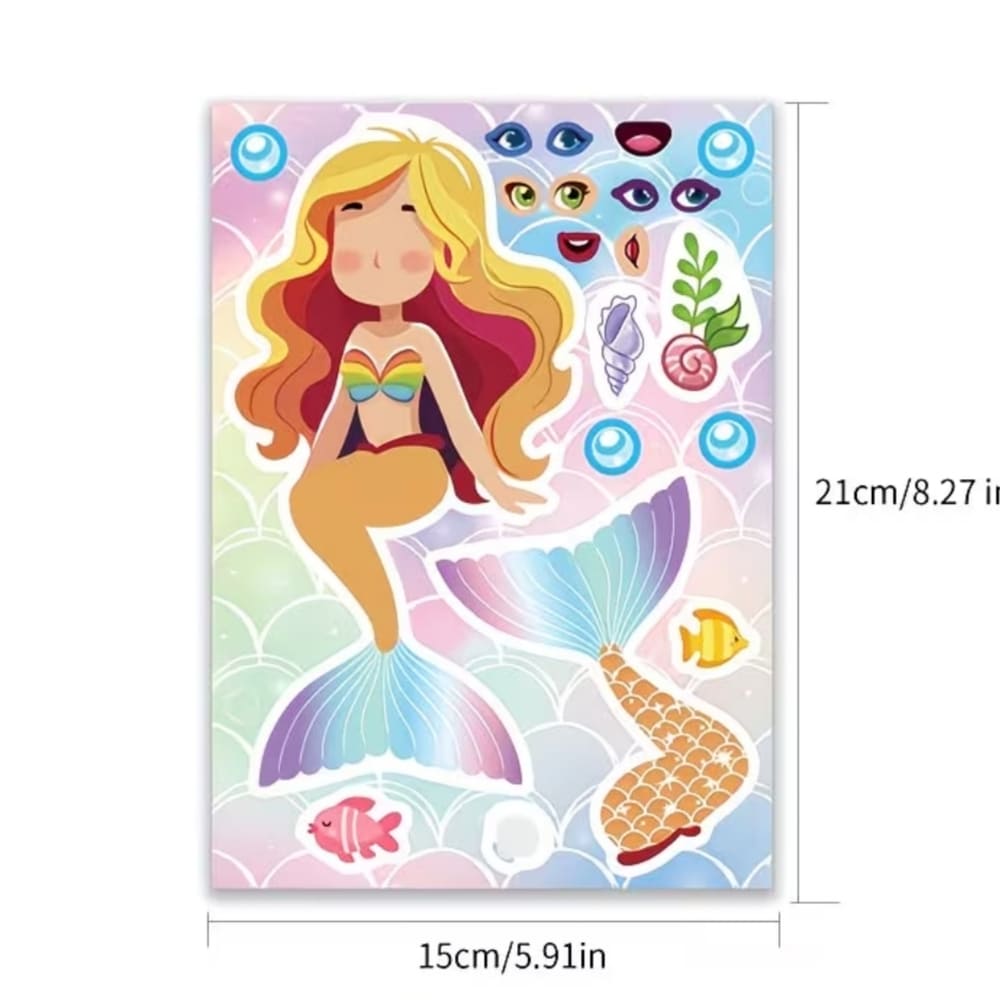 Mermaid Make A Face Sticker Sheets-8 Sheets-Design B 2 Mermaid Make A Face Party Acitivy Sheet Dimensions