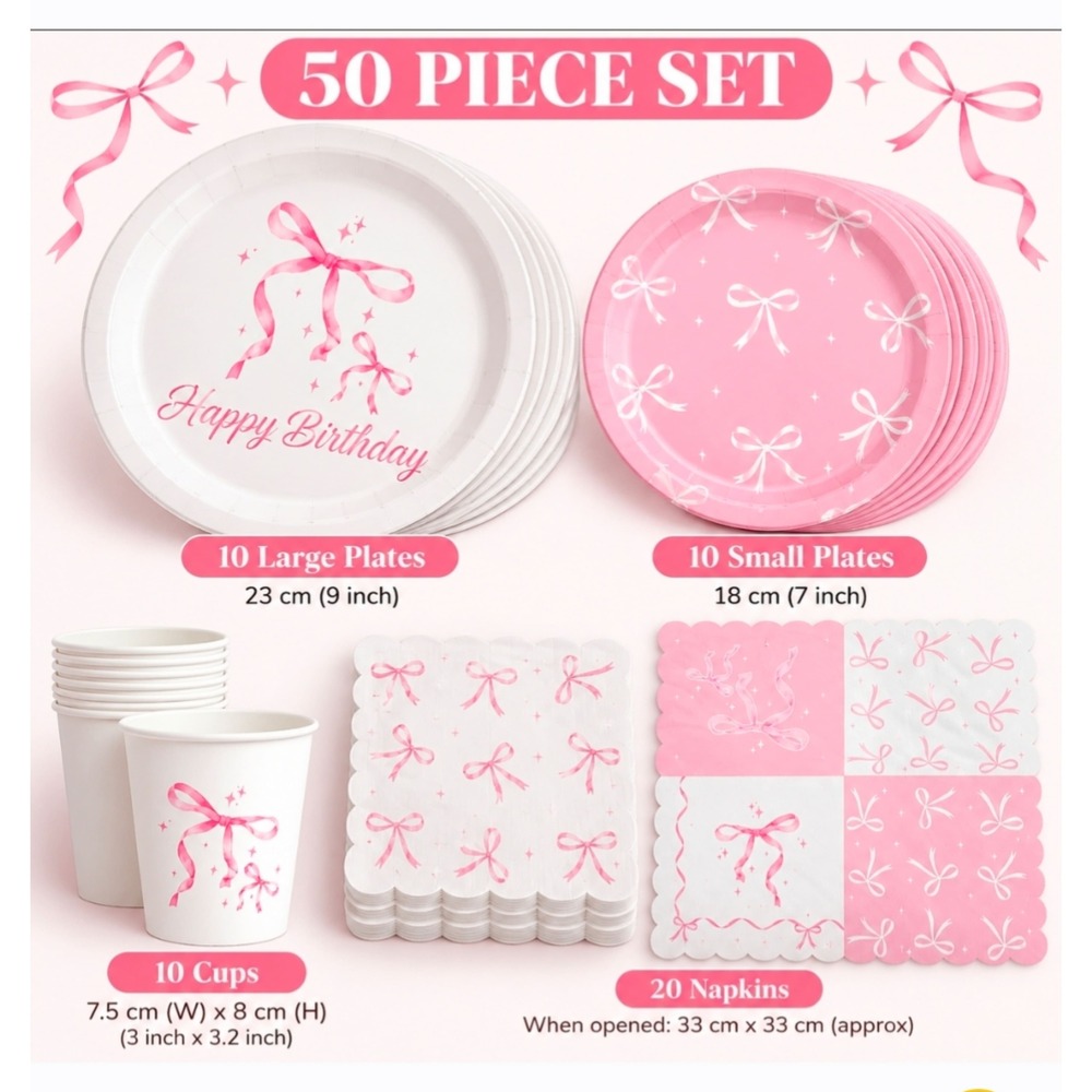 Pink Bow Happy Birthday Tableware Set-50 Piece Set 1 Pink Bow Happy Birthday Tableware Set (1)