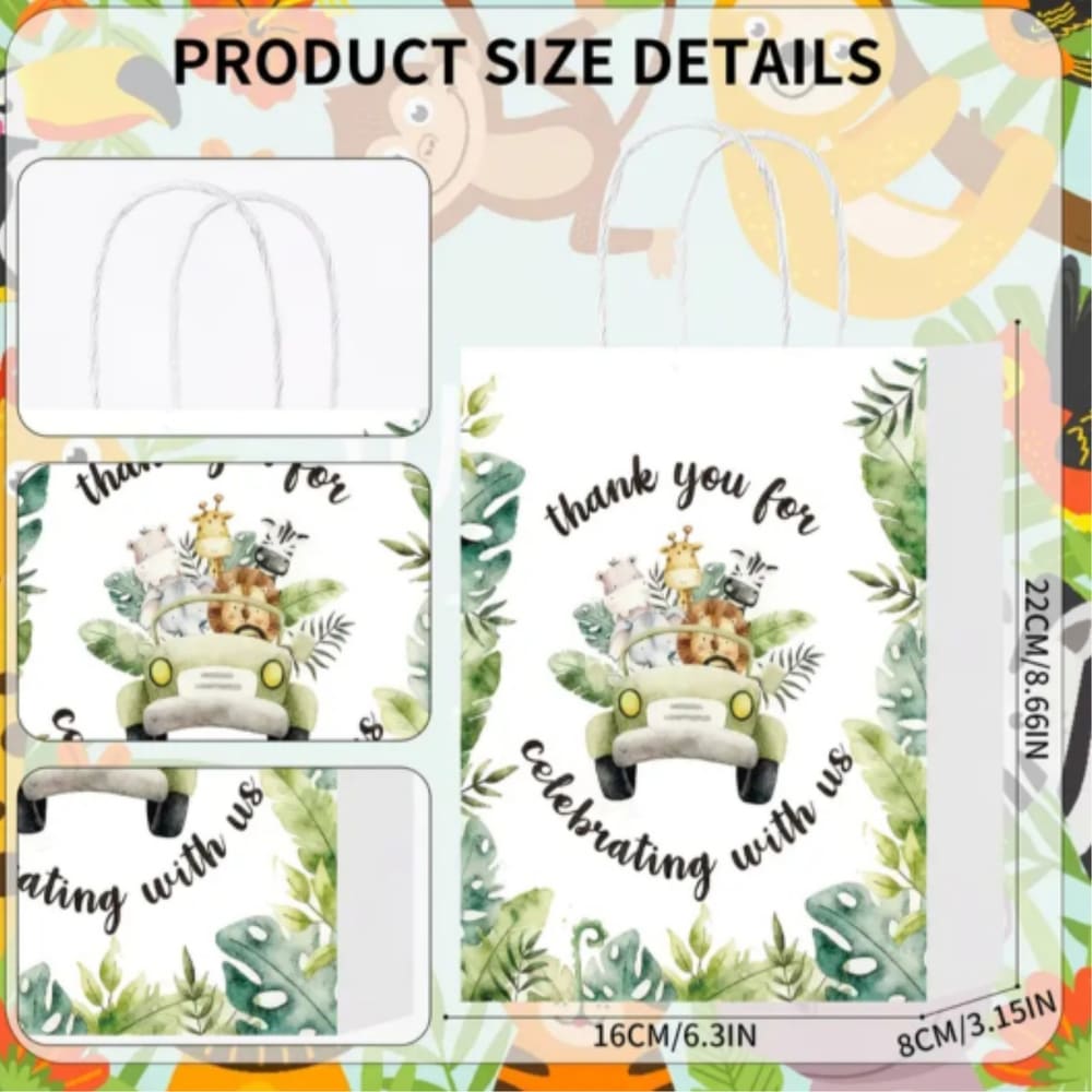 Safari Wild Animal Party Favour Bags With Handles-6 Piece-Thank You Design 1 Safari Wild Animal Party Favour Bags With Handle thank you design
