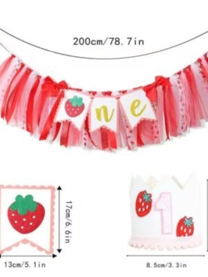 Pretty Party Shop 6 Strawberry First Birthday High Chair Banner and Party Hat