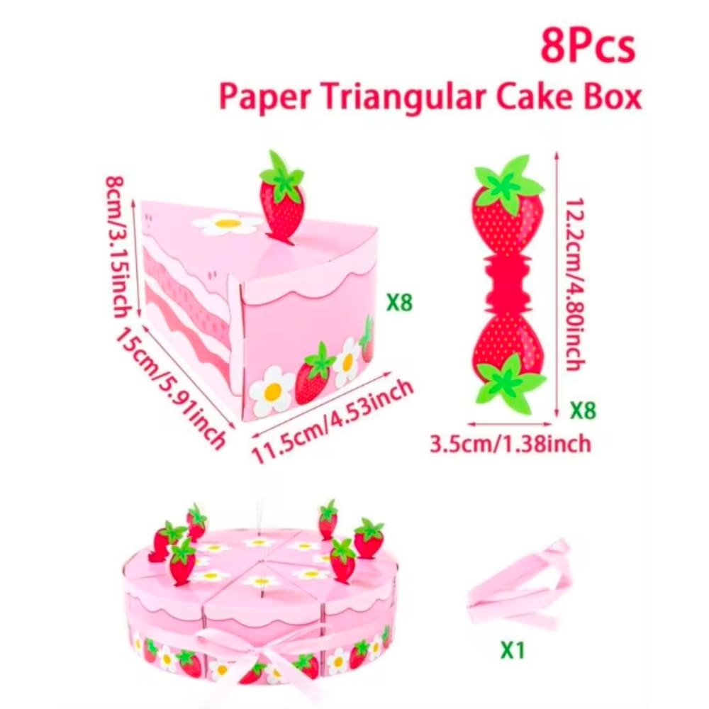 Strawberry Party Cake Slice Favour Boxes-8 Piece 1 Strawberry Party Triangular Cake Box