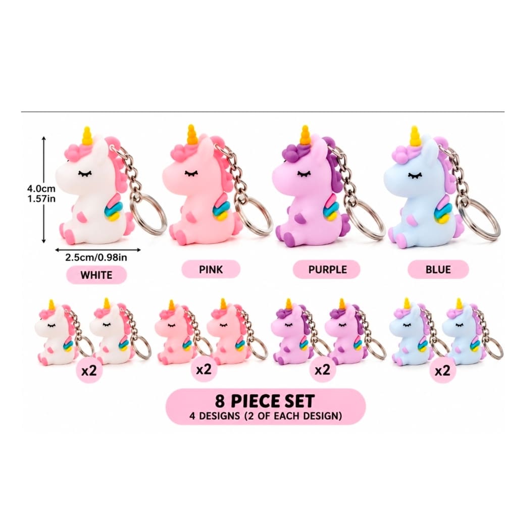 Unicorn Mini Keyrings Party Favours-8 Piece Set 1 Unicorn Party Favours Mini Keyrings 8 Piece Set